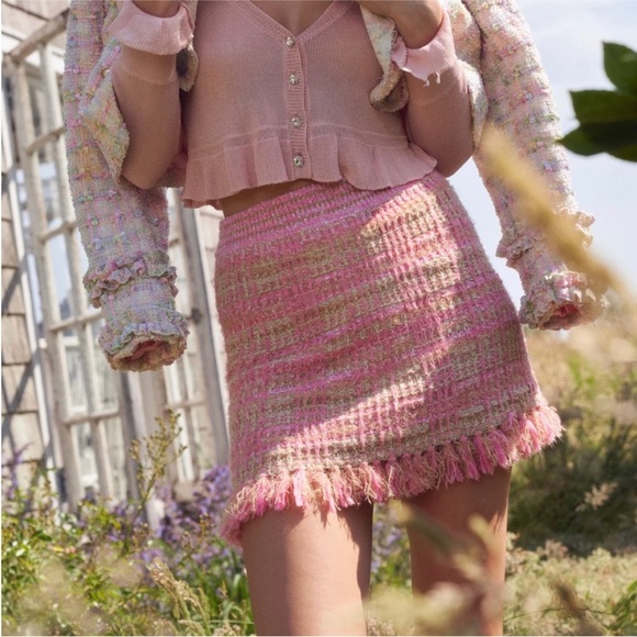 RARE 🎀 LoveShackFancy Crop Cardigan Jacket + Skirt Set in Barbie Pink - Picture 4 of 13